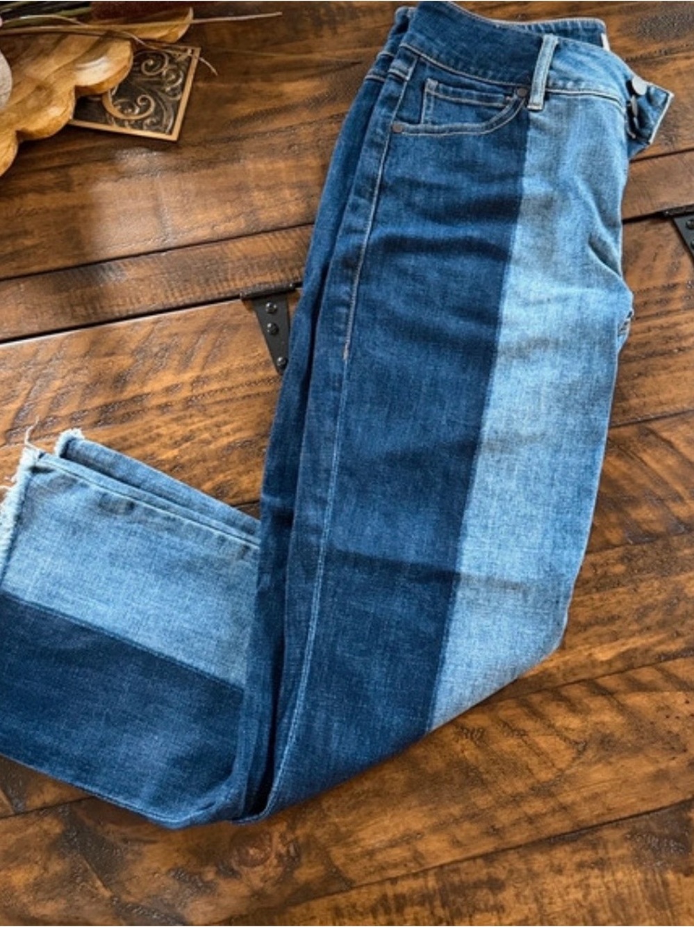 CAbi Two-Tone Blue Patchwork Ankle Jeans